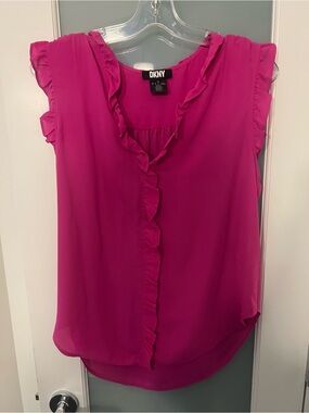 DKNY Fuchsia Ruffle V-Neck Sleeveless Blouse